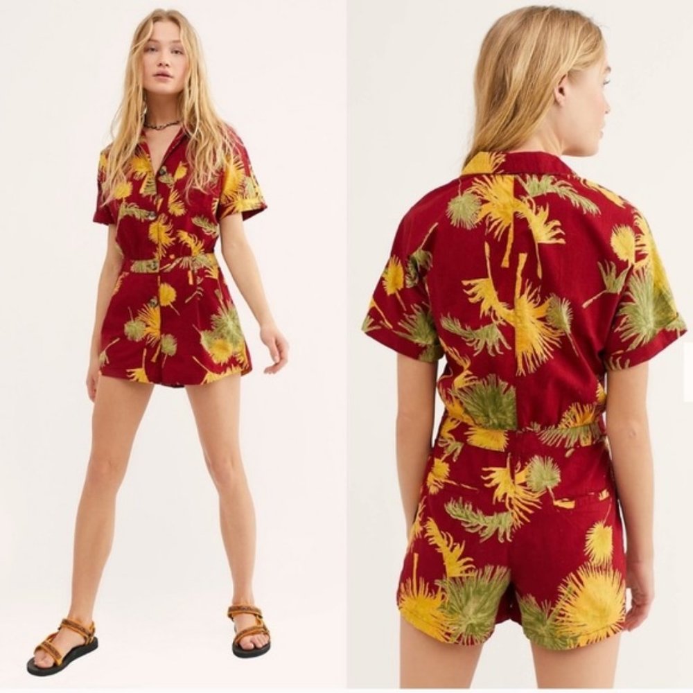Free People Malibu Small Red Yellow Vintage Palm Print Women's Romper EUC